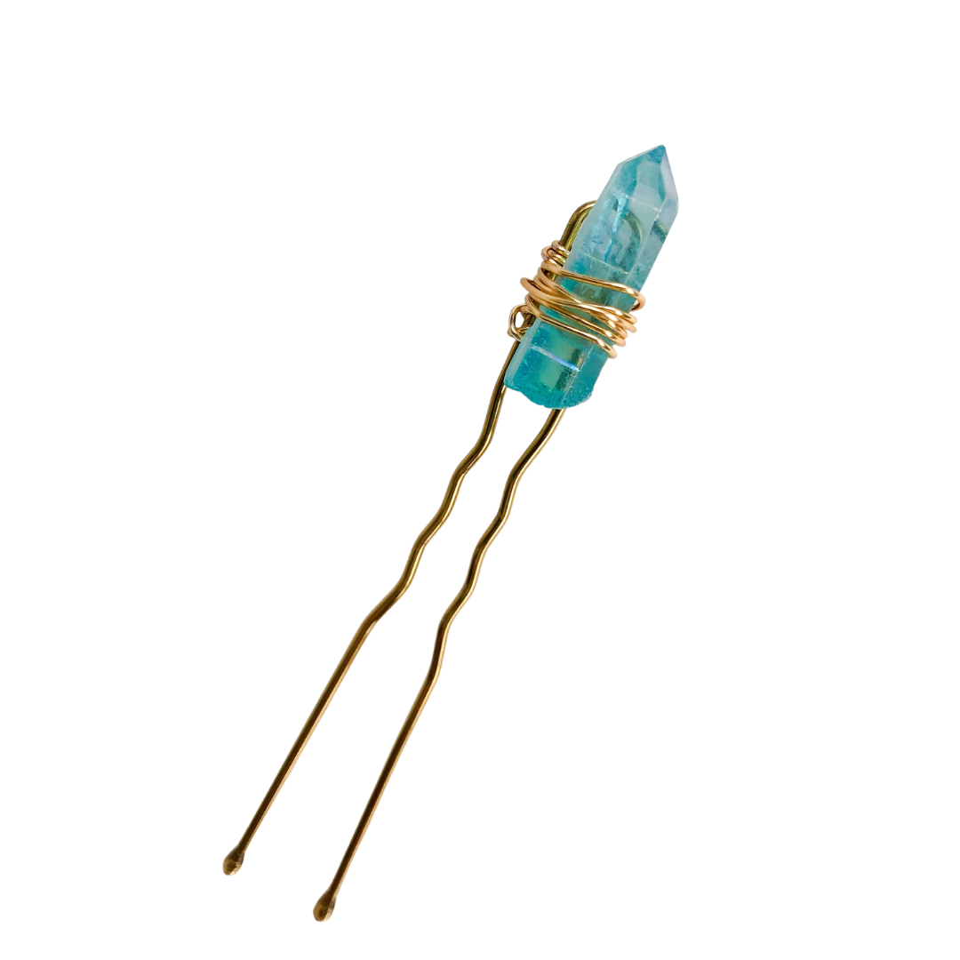 Aqua Quartz Crystal Hair Pin